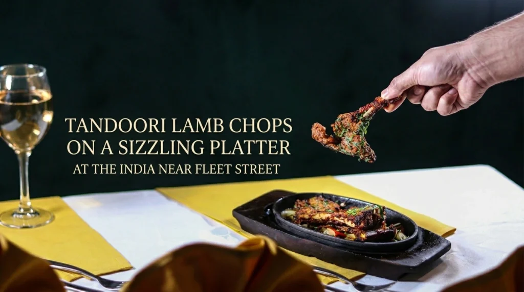 Tandoori lamb chops on a sizzling platter at The India near Fleet Street
