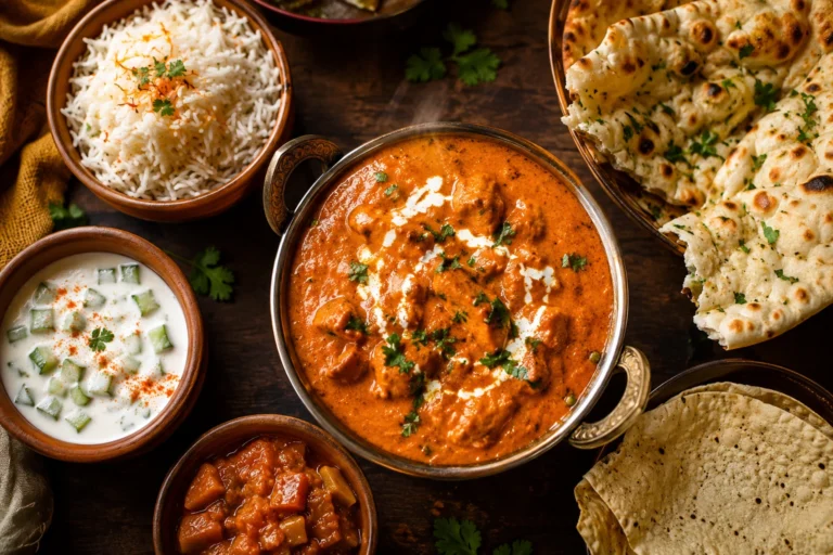 Best Indian side dishes served with curry, naan, rice and raita at an Indian restaurant