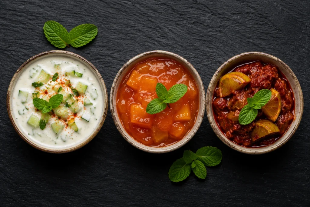 Raita, mango chutney and lime pickle Indian accompaniments