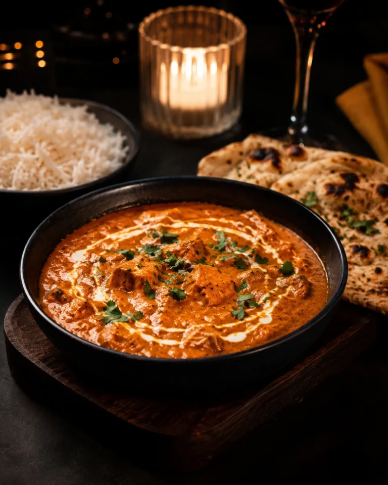 Butter chicken recipe served in a bowl with basmati rice and naan bread