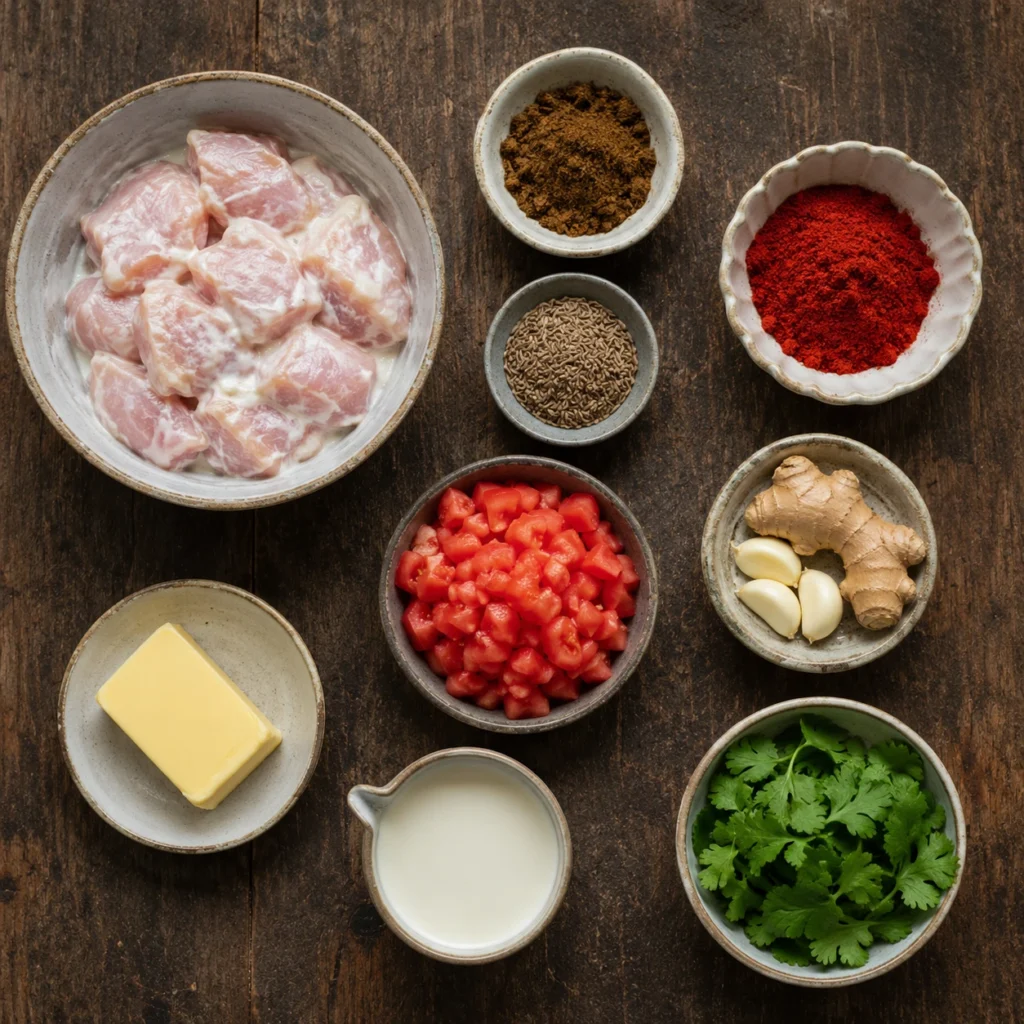 Raw ingredients for a homemade butter chicken recipe including marinated chicken, spices, tomatoes, butter and cream