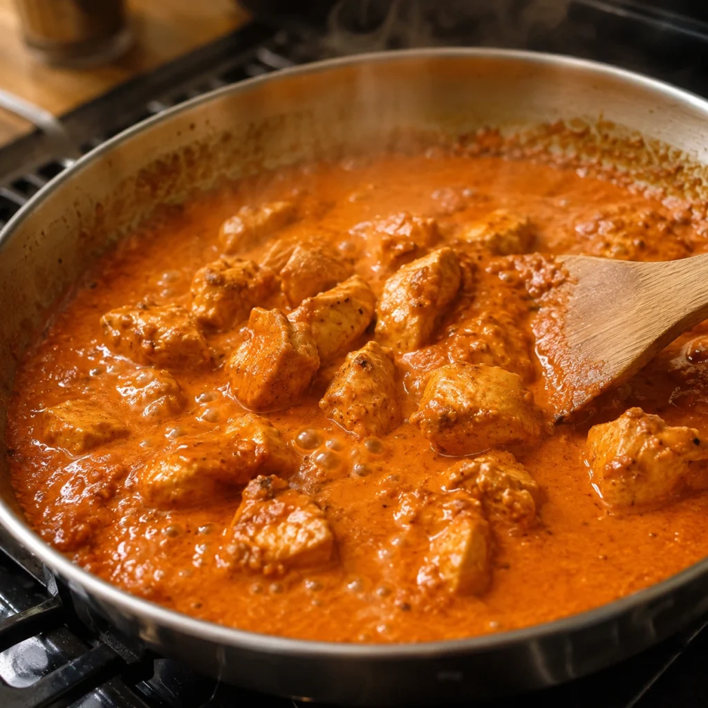 Butter chicken sauce simmering in a pan with seared chicken pieces being added
